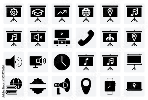 Ui For Various Presentation Content – Maps, Music, Data Stats, And Settings For Interactive Projector Screens.