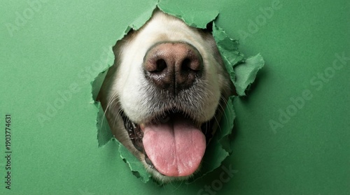 Playful dog with green paper. Cheerful canine with colorful paper surroundings
