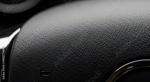 Closeup view of a black car dashboard with textured surface and details.