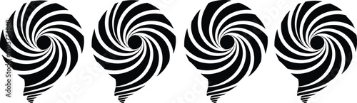 Set of four abstract spiral light bulb icons, creative idea symbols, hypnotic vortex logo design, black and white vector illustrations, isolated on white..
