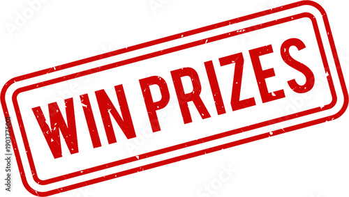 Win Prizes Grunge Rubber Stamp, Vintage Old Red Texture Frame, Retro Distressed Label, Vector Illustration for Contest, Giveaway, Reward, Competition, Promotion