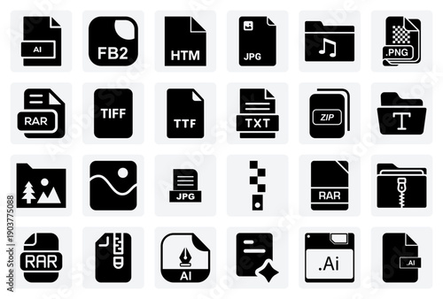 Common Digital File Format Representations – A Mix Of Image, Audio, Document, And Archive Types For Ui Design