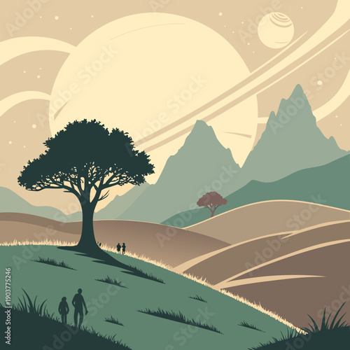 Journey through curved horizon worlds with layered terrains, a fantastical exploration of alien or dreamlike planetary landscapes.