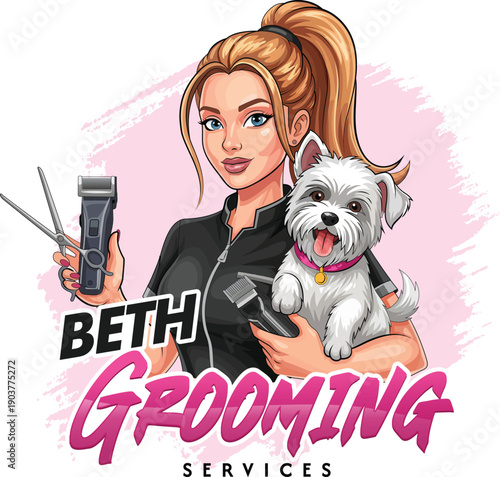 Female Pet Groomer with Dog and Tools for Grooming Services Logo