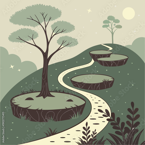 Abstract journey through floating ground slices, creating a surreal landscape of disconnected elements.