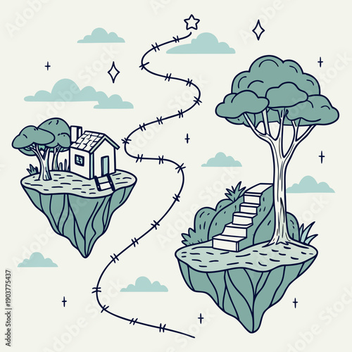 Abstract journey through floating islands with a winding path, representing adventure and discovery in a surreal world.