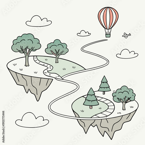 Abstract journey through floating islands with a winding path, representing adventure and discovery in a surreal world.