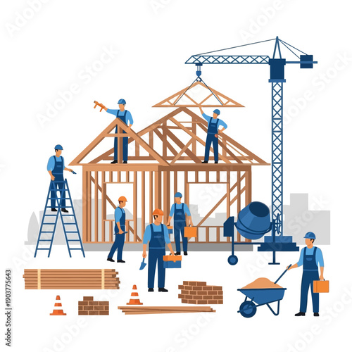 Construction workers building wooden house frame with crane and equipment
