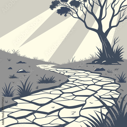 Abstract surreal landscape where fractured terrain is stitched by light, concept art