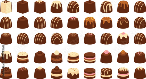 Assorted Chocolate Candy Vector Illustration Mega Set with Praline Truffles, Filled Sweets, and Gourmet Confectionery Treats for Dessert Menus, Packaging, and Branding Designs