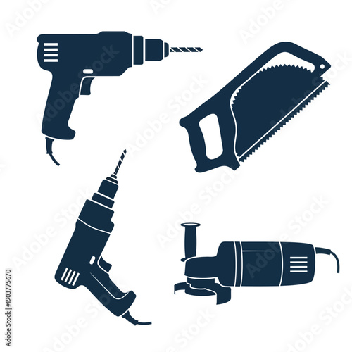 Set of Construction Tools Icons: Drill, Saw, Angle Grinder, Isolated on White Background