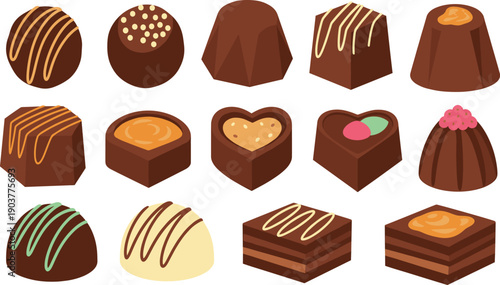 Assorted Chocolate Candy Vector Illustration Set with Praline Truffles and Sweet Confectionery Treats for Dessert Menus, Packaging, and Branding Designs