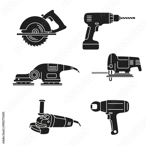Collection of Power Tools Silhouettes: Circular Saw, Drill, Sander, Jigsaw, Grinder