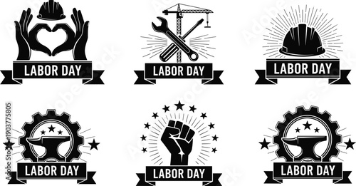 Set of happy Labor Day badges, industrial construction helmet, crossed tools, strong fist, vintage gear emblems, black vector icons collection isolated.