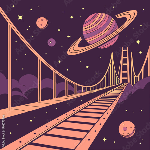 Journey through infinite bridges in abstract space, representing connection and exploration, futuristic digital art