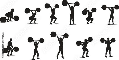 Weightlifting Exercise Silhouettes Set, Barbell Training Poses, Strength Workout Athlete Vector Illustration