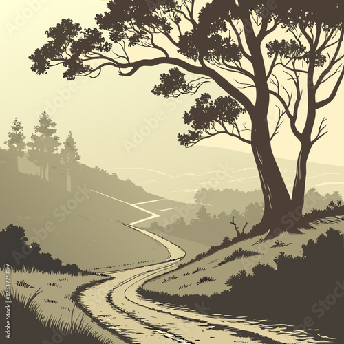 Journey through isolated land paths in a minimalist abstract style, conveying solitude and introspection, vector art