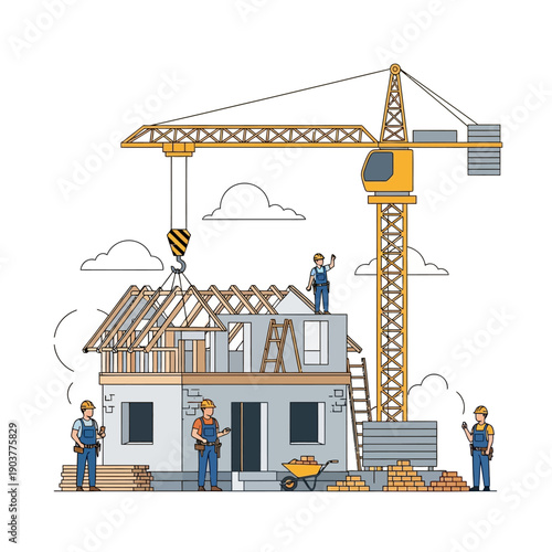 Construction site with crane lifting roof beams onto house under development