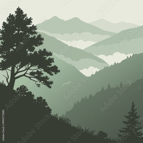 Serene journey through layered mountains disappearing into mist, evoking peace and vastness, digital art, vector