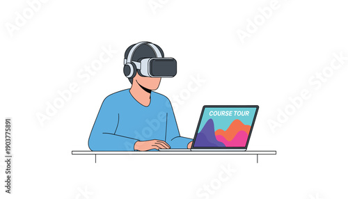 Man using VR headset with laptop technology work