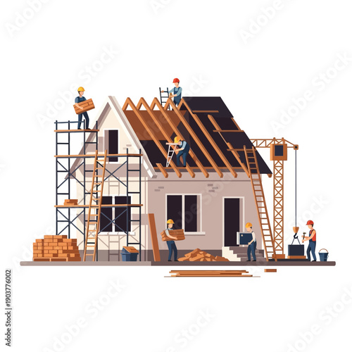 House construction site with workers building roof and walls, scaffolding and crane