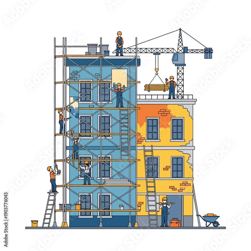 Construction workers renovate apartment building with scaffolding and crane