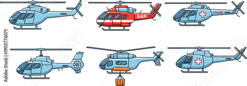 Set of helicopter vector illustrations, medical air ambulance, search and rescue chopper, cargo transport aircraft collection, cartoon aviation icons, isolated on white background.