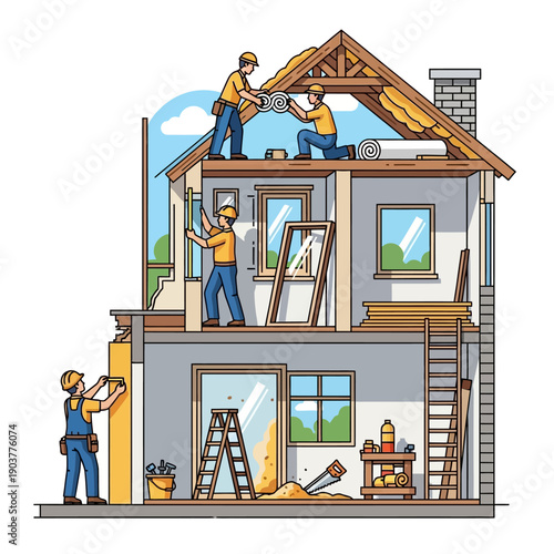 Construction workers building a house, house renovation, home improvement, construction site