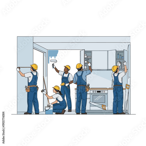 Home Renovation Team Working on Kitchen and Walls