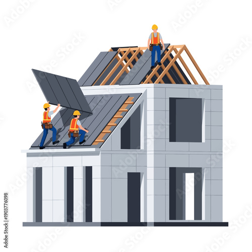 Construction workers installing roof tiles on a house under construction
