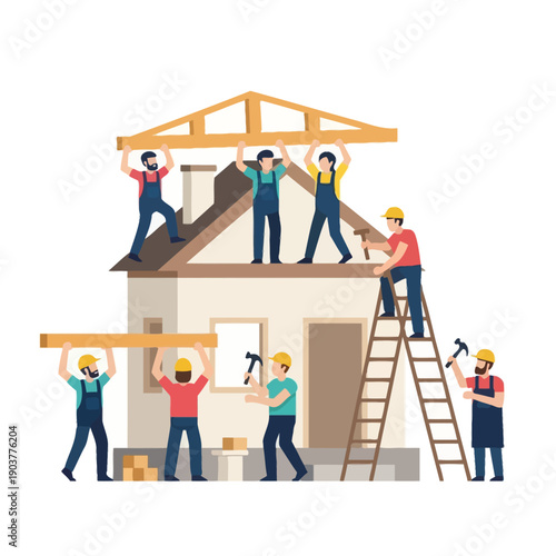 Construction team building house roof, teamwork, home renovation concept, flat design