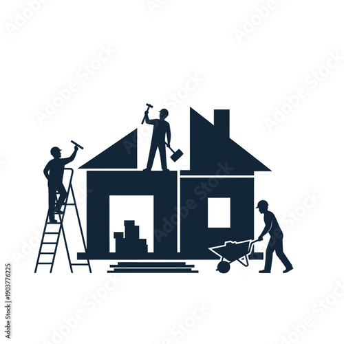 Construction workers building house silhouette, home renovation, new construction concept