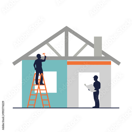 Construction Workers Building House Blueprint Home Renovation