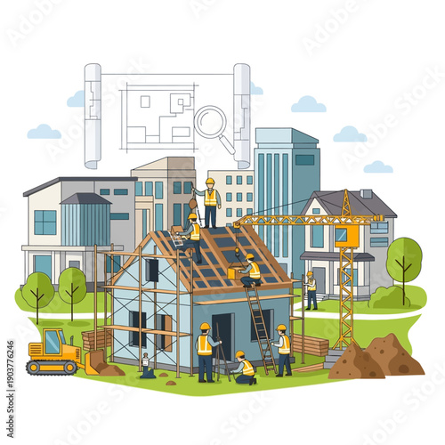 Construction Site with Workers Building House and Blueprints