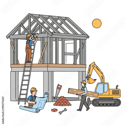 Construction workers building house with excavator, blueprint, tools, and sun.