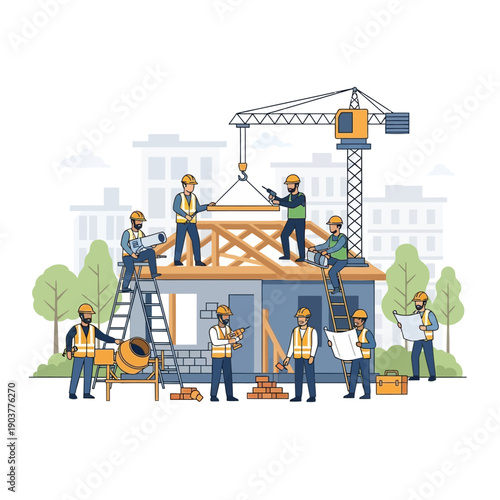 Construction crew building house with crane, blueprints, and tools