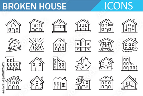 Disaster affected home icons for emergency and renovation projects