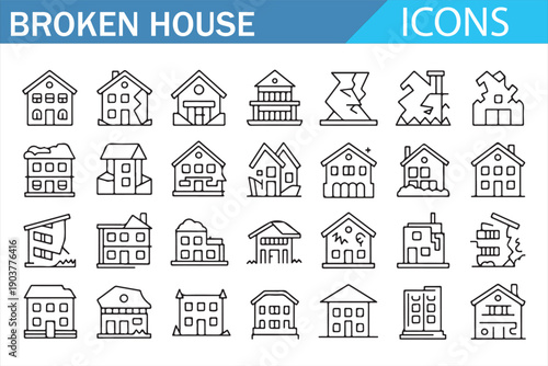 Damaged house vector icons in clean outline style