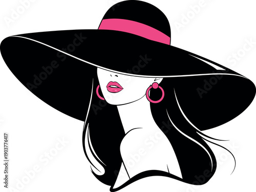 Elegant minimalist fashion woman illustration wearing a large black wide brimmed hat with pink ribbon and matching earrings.