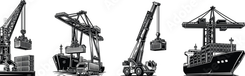 Set of industrial port crane vector illustrations, cargo ship container loading, harbor logistics icons, shipping terminal transportation symbols, black and white.