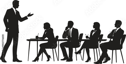 Business Presentation Silhouette, Corporate Training Meeting with Professional Team, Office Seminar Vector Illustration