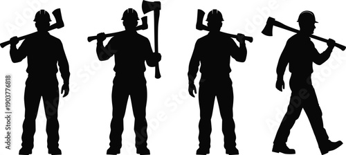 Set of lumberjack silhouettes holding axes and wearing hard hats, vector illustration isolated on white background, industrial woodcutter worker men figures art.