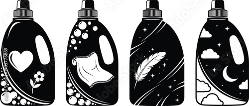 Set of laundry detergent bottle vector illustrations, liquid soap containers with fabric softener icons, washing machine chemical cleaners, black and white collection.