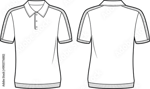 Mens short sleeve polo shirt technical sketch with ribbed collar cuffs and shoulder tape detail front and back view vector template for apparel design