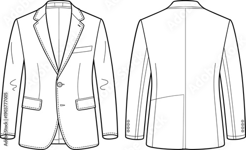 Mens formal suit blazer jacket technical sketch with notch lapel two button closure and flap pockets front and back view vector template for apparel