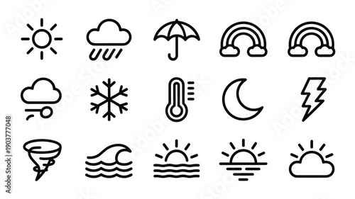 Set of weather icons line style isolated on white background with sun, rain, wind, snow