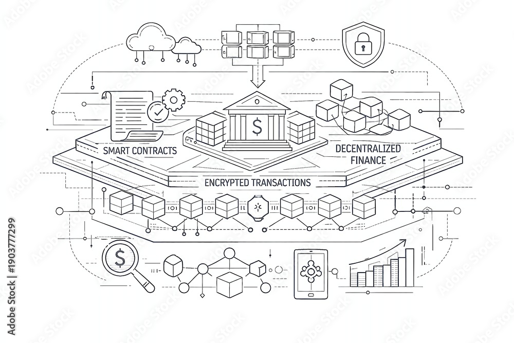 Fototapeta premium Premium white vector illustration of corporate blockchain financial architecture, encrypted transaction layers, smart contracts structure, decentralized finance systems