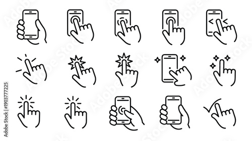 Set of hand gesture icons for mobile devices and touchscreens, modern digital interaction