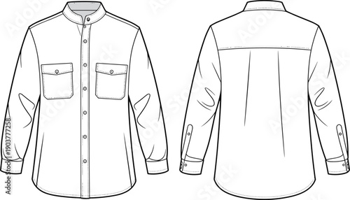 Mens long sleeve casual shirt technical sketch with mandarin collar and double chest pockets front and back view vector template for fashion design apparel