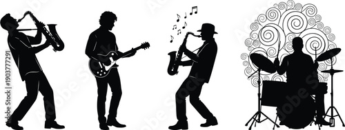 Set of musician silhouettes, man playing saxophone and guitar, drummer with kit, jazz band performance vector illustrations collection, black figures isolated.